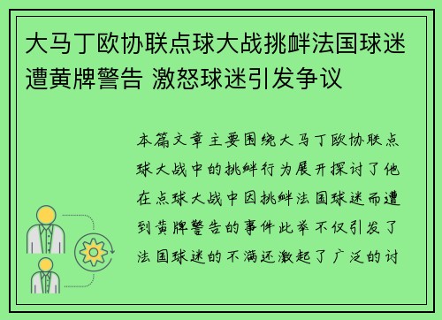大马丁欧协联点球大战挑衅法国球迷遭黄牌警告 激怒球迷引发争议